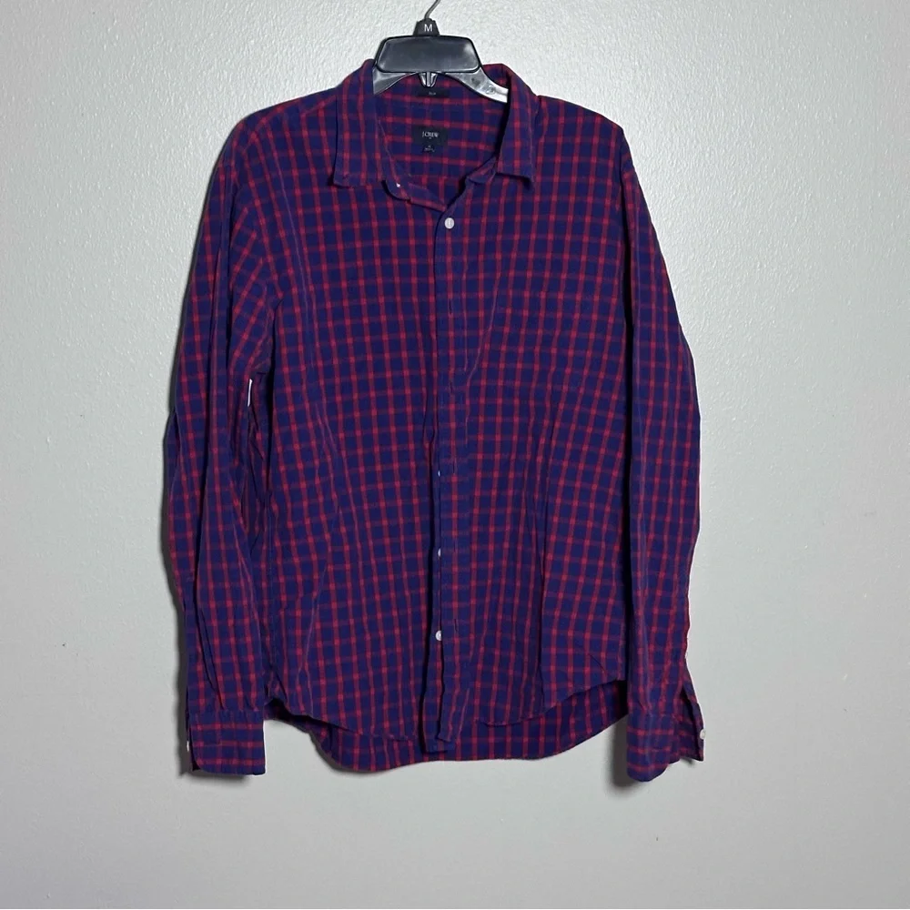 J. Crew Men Slim Fit‎ Button Down Navy/Red Plaid Casual Shirt size XL
